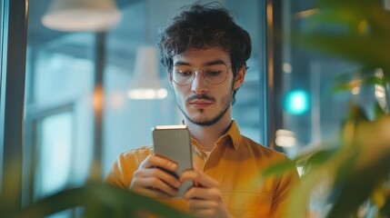 Poster - Man with a finger on the screen using a mobile phone in the office