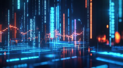 Poster - Financial data charts with glowing stock and forex graphs on a dark background illuminated in blue tones. 3D Rendering