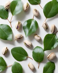 Poster - Pistachios and Leaves on a White Background Flat Lay Still Life Capturing Natural Light and Freshness for Healthy Eating and Organic Food Concepts