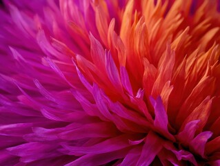 Poster - Vibrant dahlia flower petals in shades of orange and magenta close up macro photography showing detail and texture with a soft focus and artistic style