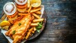 © artchvit - Crispy fish chips beer pub fare Crispy fish and fries served with beers and lemon slices.