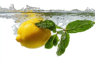 Poster - Refreshing lemon and mint splash in crystal clear water creating vibrant summer drink concept and healthy lifestyle with bright studio light and clean white background