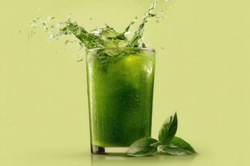 Poster - refreshing green juice splash in glass with basil leaves against light green background showcasing v