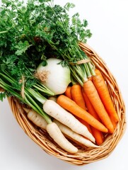 Poster - Freshly Harvested Root Vegetables in Wicker Basket Carrots Parsnips and Onion on White Background Top Down View Natural Light Healthy Eating Concept