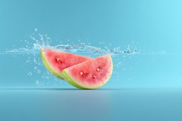 Poster - Refreshing watermelon slices splashing in cool water against a vibrant blue background creating a summer mood and a sense of freshness and healthy lifestyle