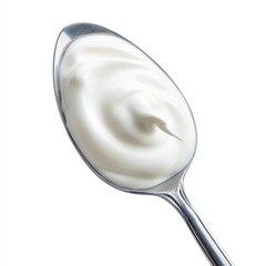 Poster - Creamy yogurt swirl on a silver spoon against a clean white background showcasing smooth texture and healthy food concept in a minimalist style with a high angle shot
