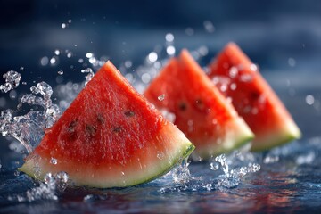 Poster - Slices of Refreshing Watermelon in Splashing Water on a Blue Background Capturing the Essence of Summer with a Close Up Shot for a Fresh and Juicy Feel