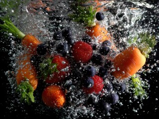Poster - Fresh carrots strawberries and blueberries splashing in water against a black background showcasing vibrant colors healthy eating and the beauty of natural food