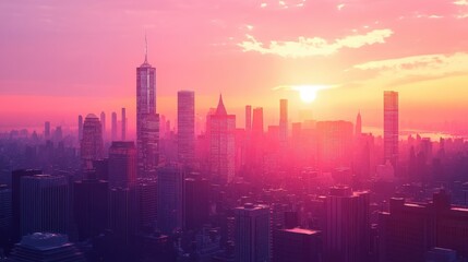 Poster - A vibrant city skyline at sunset with digital data overlays, symbolizing technology and urban development.