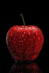 Poster - Glossy red apple covered in water droplets on a black background creating a dramatic and appealing visual with a clean and modern aesthetic for stock photography