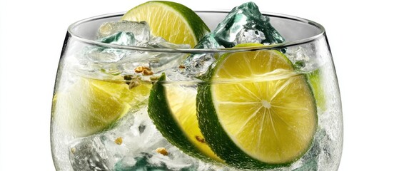 Poster - Refreshing gin and tonic cocktail with lime slices and ice cubes in a glass on a white background capturing a vibrant and invigorating mood in a close up shot