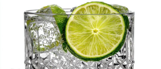 Poster - Refreshing lime slices in crystal glass with sparkling water bubbles creating a vibrant and invigorating atmosphere perfect for summer hydration and healthy lifestyle