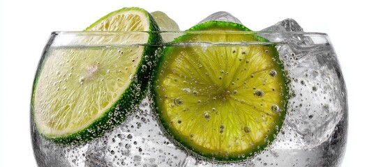 Poster - Refreshing lime infused sparkling water with ice cubes in a glass on a white background creates a cool and vibrant summer drink photography
