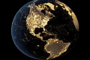 Poster - Dramatic night view of Earth from space showcasing city lights across North and South America continents depicting global connectivity and urbanization