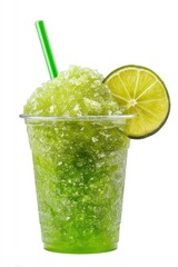 Poster - Refreshing green lime slush in a clear plastic cup with a green straw and lime slice on a white background offering a cool and invigorating treat perfect for summer