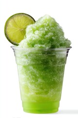 Poster - Refreshing green lime slush in a clear plastic cup on a white background offering cool refreshment with a lime garnish showcasing a vibrant and invigorating summer treat