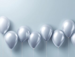 Poster - Elegant silver balloons against a soft blue background creating a festive and celebratory atmosphere ideal for party invitations and event decorations