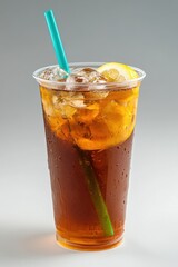 Poster - Refreshing iced tea with lemon slice and colorful straw in a clear plastic cup on a neutral background capturing the essence of summer refreshment and thirst quenching