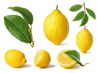 Poster - Vivid studio shot showcasing fresh lemons with leaves on a clean white backdrop bright light emphasizing texture and color for healthy eating and vitamin c concept