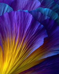 Poster - Captivating close up of vibrant iris petals showcasing intricate textures in purple yellow and blue hues creating a stunning floral abstract with a soft glow