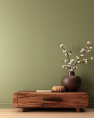 Poster - Serene Interior Scene Featuring Blooming Branches in a Brown Vase on a Wooden Cabinet Against a Green Wall Minimalist and Elegant Home Decor with Natural Light