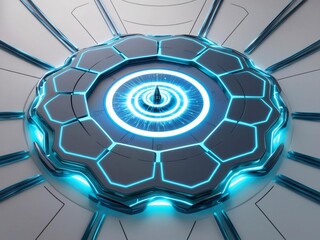 Aufkleber - Futuristic hexagonal structure with glowing blue accents and central ring.
