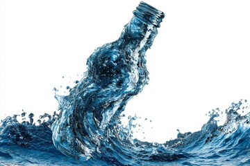 Poster - Water Splash Forming Bottle Shape with Waves on White Background - Liquid Abstract Composition for Hydration Concepts