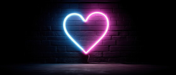 Poster - Luminous heart sign on brick wall background with neon glow creating romantic and modern atmosphere for love and valentine's day concept in dark and vibrant style