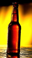 Poster - Refreshing amber beer bottle with condensation droplets against a vibrant yellow background capturing a thirst quenching mood and a sense of celebration