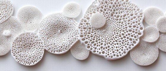 Poster - Elegant arrangement of white porous coral inspired forms against a clean background creating a serene and modern aesthetic with a focus on texture and light