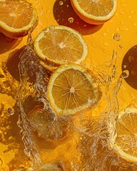 Poster - Vibrant orange slices splash in refreshing water against a sunny yellow backdrop creating a lively and invigorating scene perfect for summer refreshment and healthy living promotion