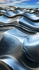 Poster - A shiny silver fabric with a wave design is displayed. The fabric is made of metal and has a unique texture that resembles water.