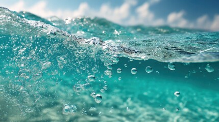 Poster - Captivating underwater view of turquoise ocean water with rising bubbles and sunlit surface creating a serene and refreshing aquatic scene perfect for summer travel