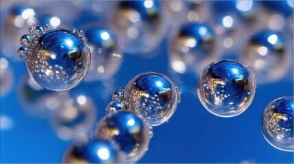 Poster - Captivating macro shot of vibrant blue water bubbles with mesmerizing light reflections and abstract patterns creating a serene and visually stunning composition
