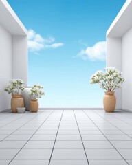 Poster - Serene balcony scene with white walls, tile floor, flower pots, and a view of a clear blue sky creating a peaceful and relaxing atmosphere in a modern architectural style