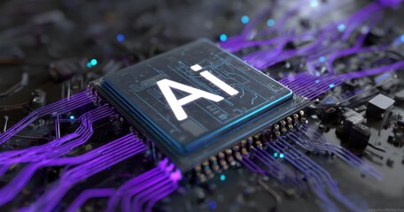 Poster - A close-up view of a modern AI chip on a circuit board with illuminated connections, representing advanced technology.