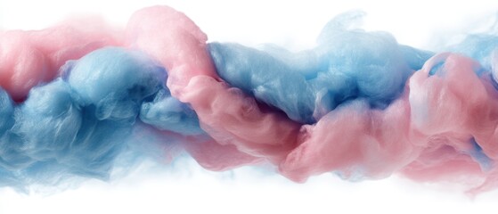 Poster - Pastel dreamscape of fluffy cotton candy in pink and blue hues against a clean white backdrop creating a whimsical and ethereal atmosphere perfect for abstract design
