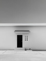Poster - Monochromatic facade featuring a dark door and white window under a clear sky creating a minimalist and serene architectural scene with a small bird