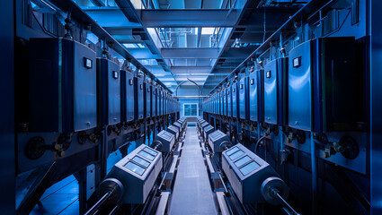 Poster - Inside a modern industrial facility, rows of advanced machinery are illuminated by blue light. The environment emphasizes precision engineering and innovative design