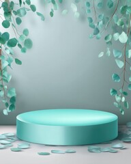 Poster - Serene product display podium with eucalyptus leaves creating a natural and calming presentation space showcasing elegance and freshness in a minimalist setting