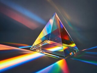 Poster - Captivating Prism Displaying Vibrant Spectrum of Light on Gray Background in Studio Setting