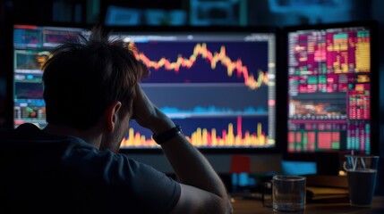 Poster - A person analyzing financial trends on multiple screens, showcasing the stress of trading and market fluctuations.