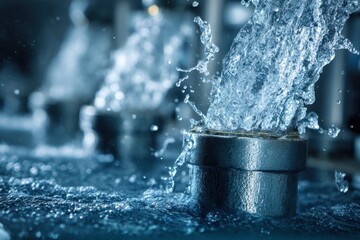 Poster - Captivating close up of water cascading over metal pipe creating dynamic splash in cool blue tones industrial setting evoking freshness and purity water resource