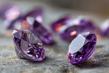 Poster - Captivating amethyst stones sparkling with facets on textured surface showcasing vibrant purple hues and gemological beauty with a shallow depth of field and soft lighting