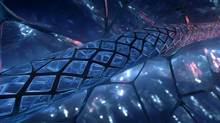 Poster - Intricate crystalline structure with network of interconnected lines and radiant luminous blue hues
