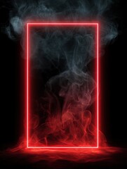 Poster - glowing red neon frame with ethereal smoke on black backdrop creates a modern and abstract visual ex