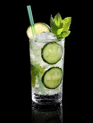 Poster - Refreshing cucumber mojito cocktail with lime and mint leaves on black background in studio shot for summer drink concept