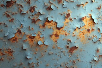 Poster - Weathered metal surface with peeling paint and rust creating a textured abstract pattern industrial decay and aged appearance with a blue and orange color palette