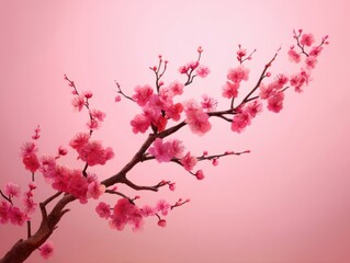 Poster - Delicate pink cherry blossom branch against a soft pink background capturing the essence of spring with a gentle and romantic aesthetic
