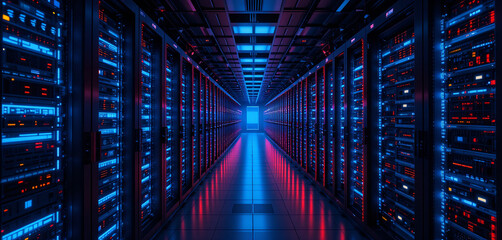 Poster - Brightly lit corridor in a modern data center features rows of servers glowing with blue and red lights, illustrating the complex structure of digital storage and processing capabilities
